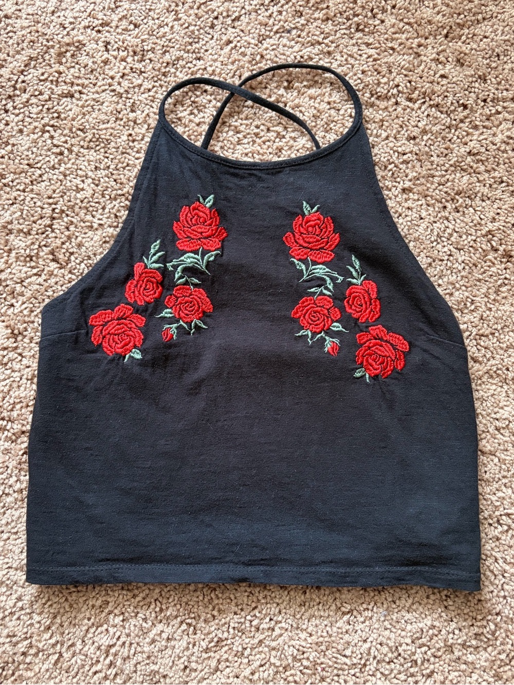 Black Halter Tank Top with Red Rose Embroidery